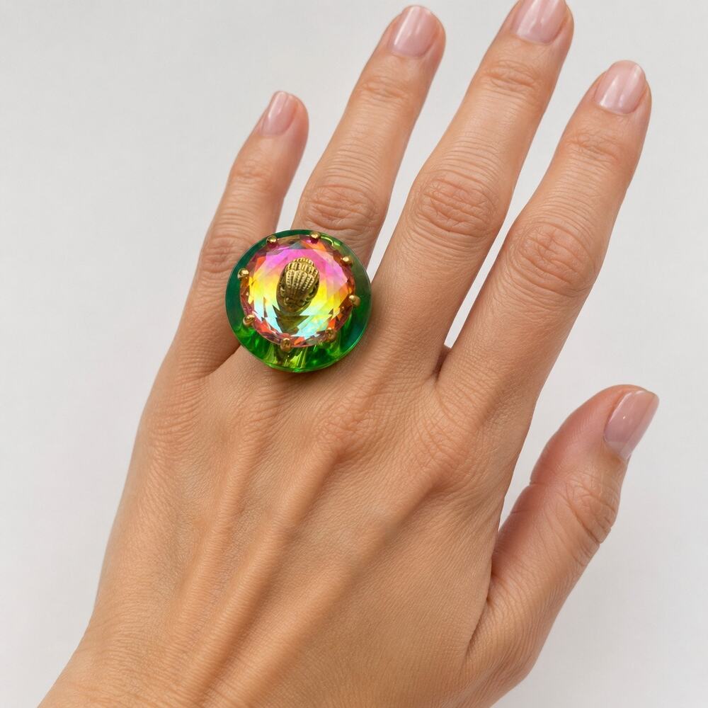 Kurt Geiger London Signature Eagle Head Cocktail Ring in Green Size 6.5 In Box